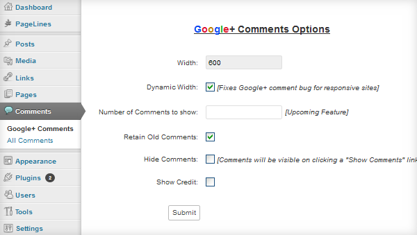 Google+ comments widget options wordpress