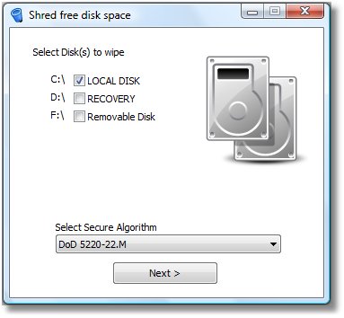 Erasing data in free disk space.