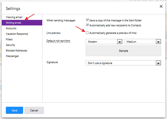 disable link preview in yahoo email