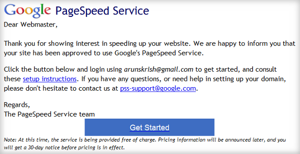 Google pagespeed invite email