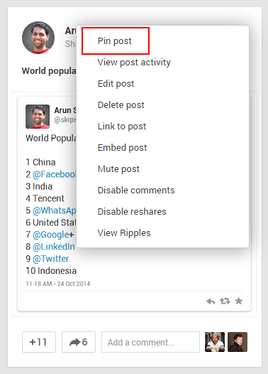 Pin a post in google+ profile