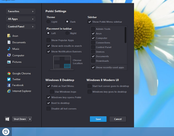 Winows 8 start menu replacement pokki options